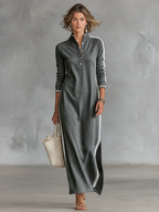 Vestido maxi sweatshirt feminino gola colarinho com acabamento branco minimalista
