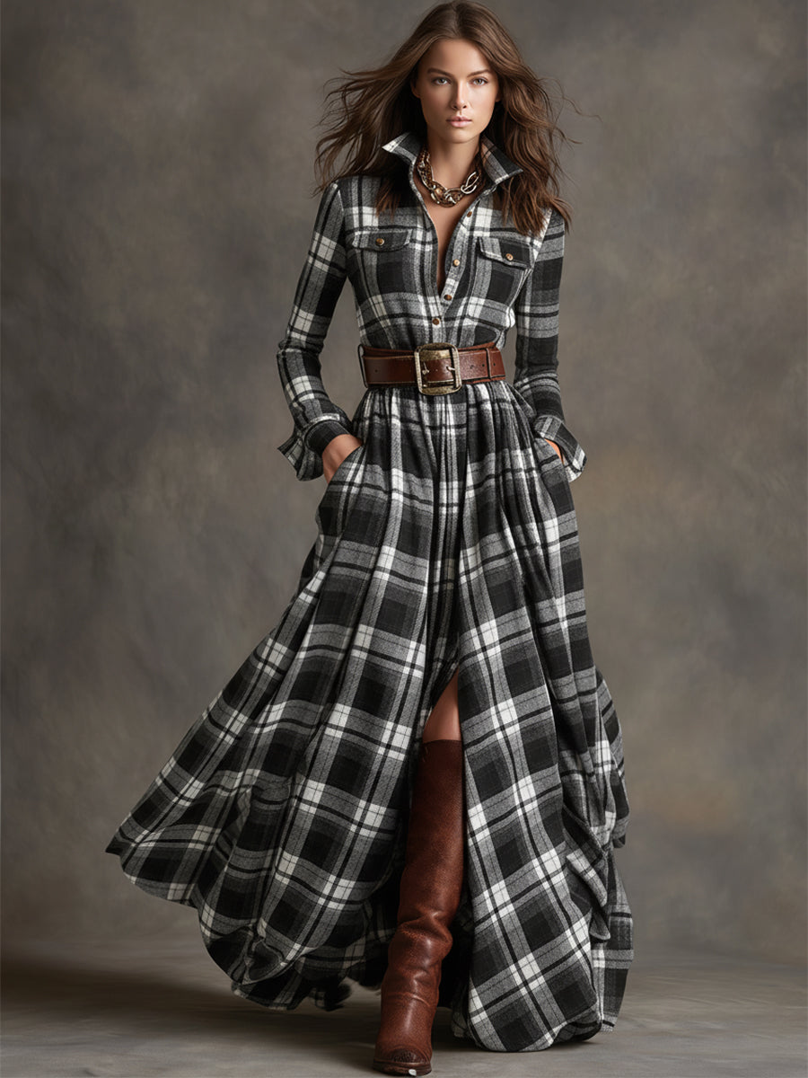 Vestido maxi xadrez étnico retrô com lapela e cinto, manga longa