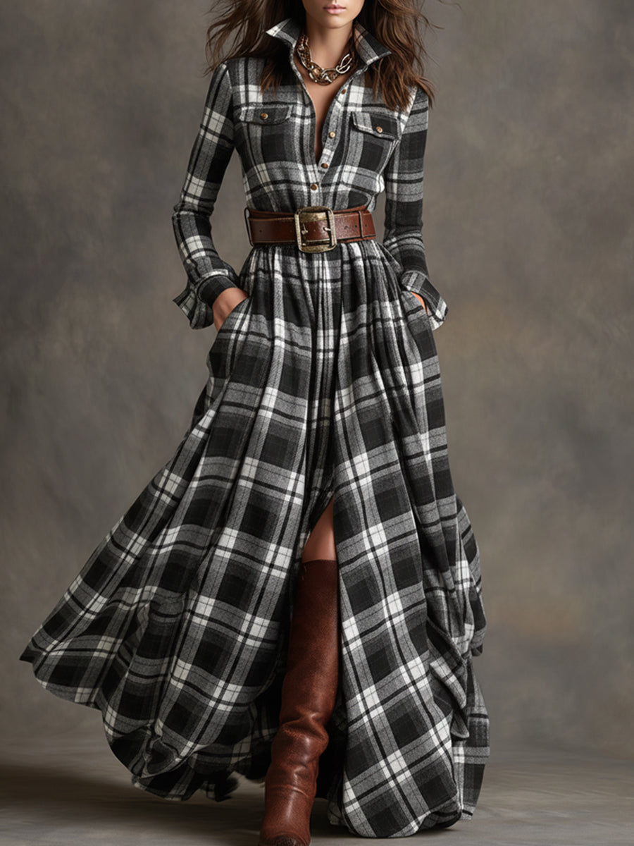 Vestido maxi xadrez étnico retrô com lapela e cinto, manga longa
