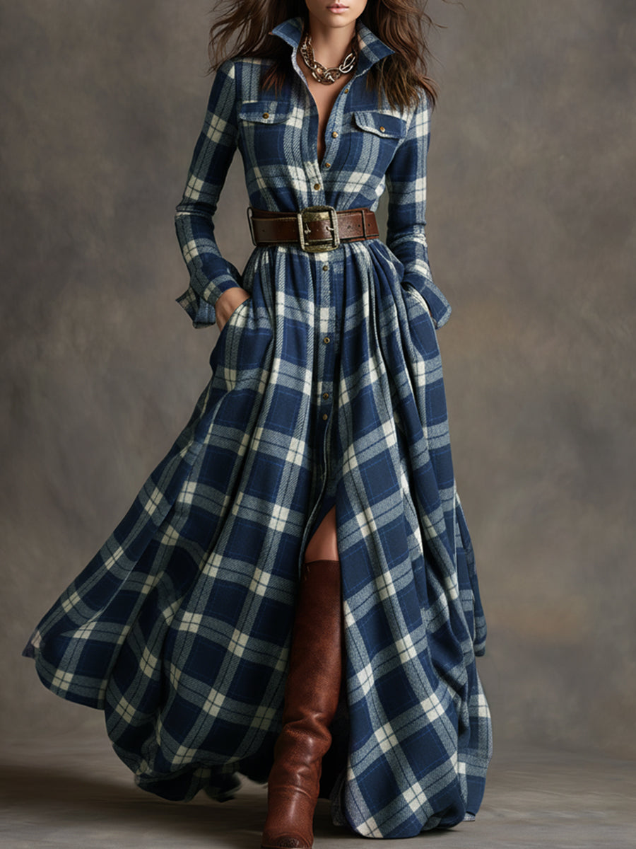 Vestido maxi xadrez étnico retrô com lapela e cinto, manga longa