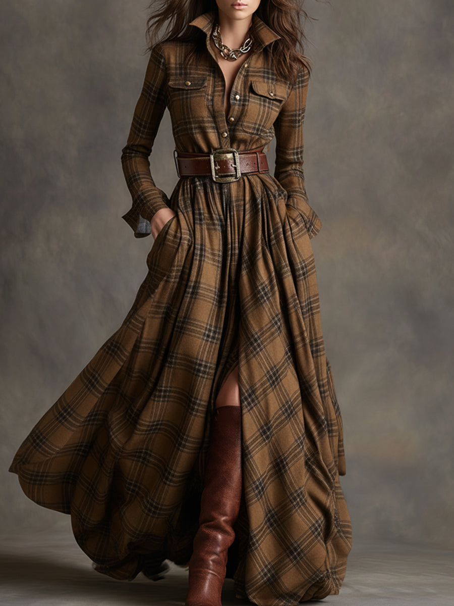 Vestido maxi xadrez étnico retrô com lapela e cinto, manga longa