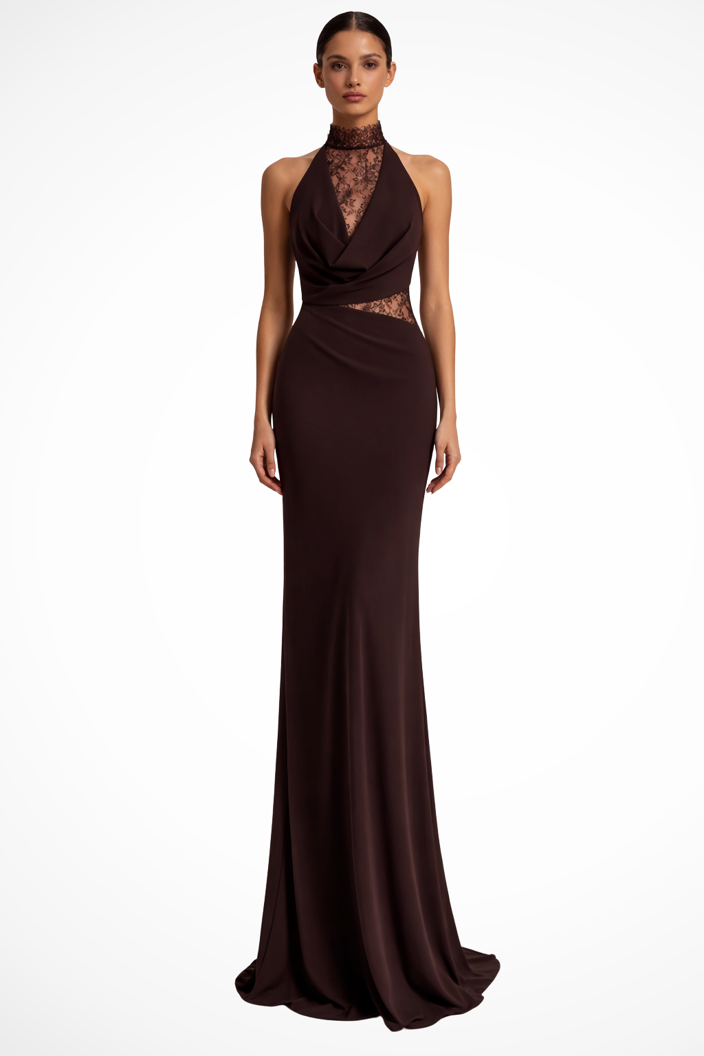 Vestido maxi halter com painel de renda sem manga para convidada de casamento