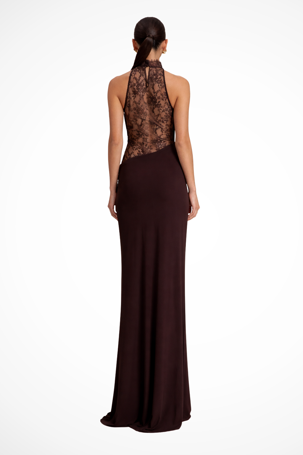 Vestido maxi halter com painel de renda sem manga para convidada de casamento