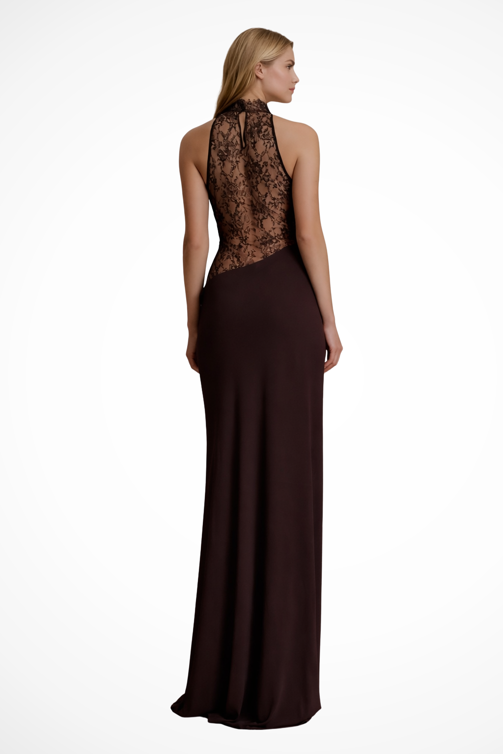 Vestido maxi halter com painel de renda sem manga para convidada de casamento