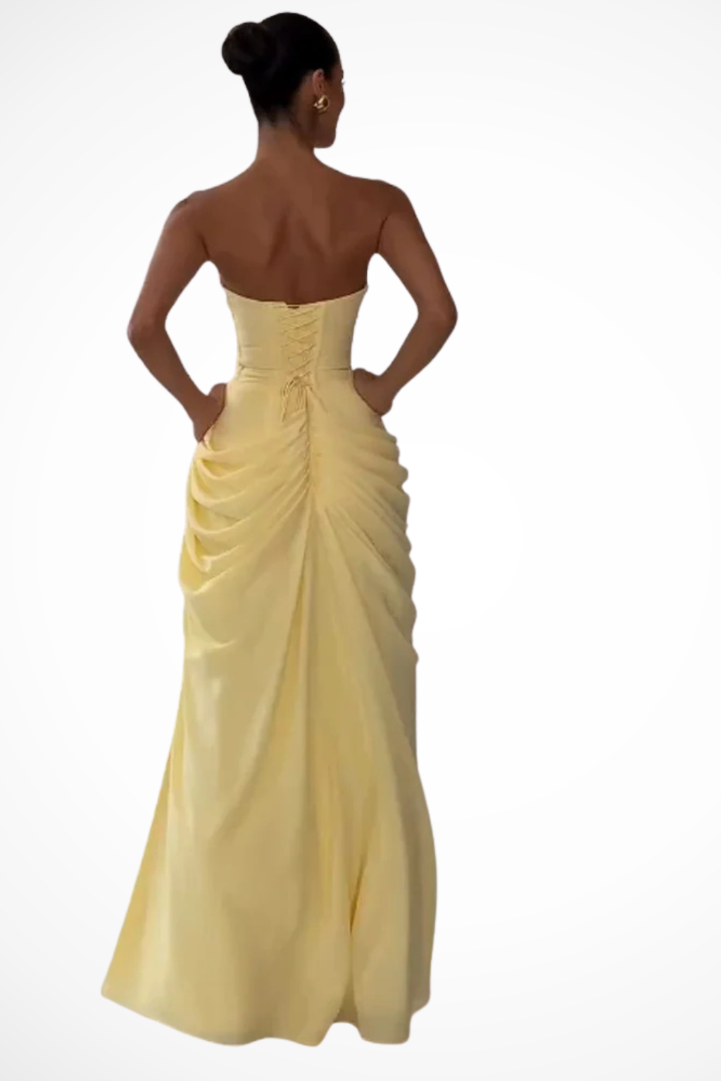Vestido maxi feminino tomara que caia franzido com fenda lateral alta