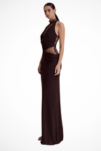 Vestido maxi halter com painel de renda sem manga para convidada de casamento