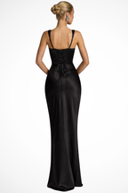 Vestido maxi feminino cetim decote quadrado franzido comprimento até ao chão