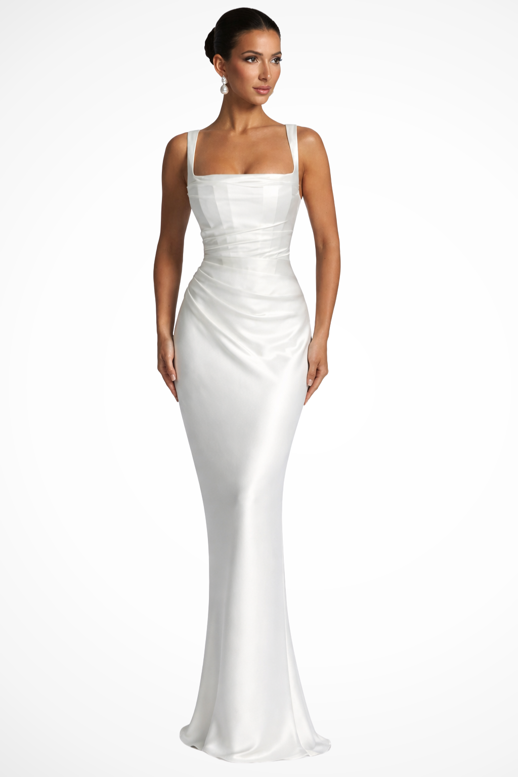 Vestido maxi feminino cetim decote quadrado franzido comprimento até ao chão