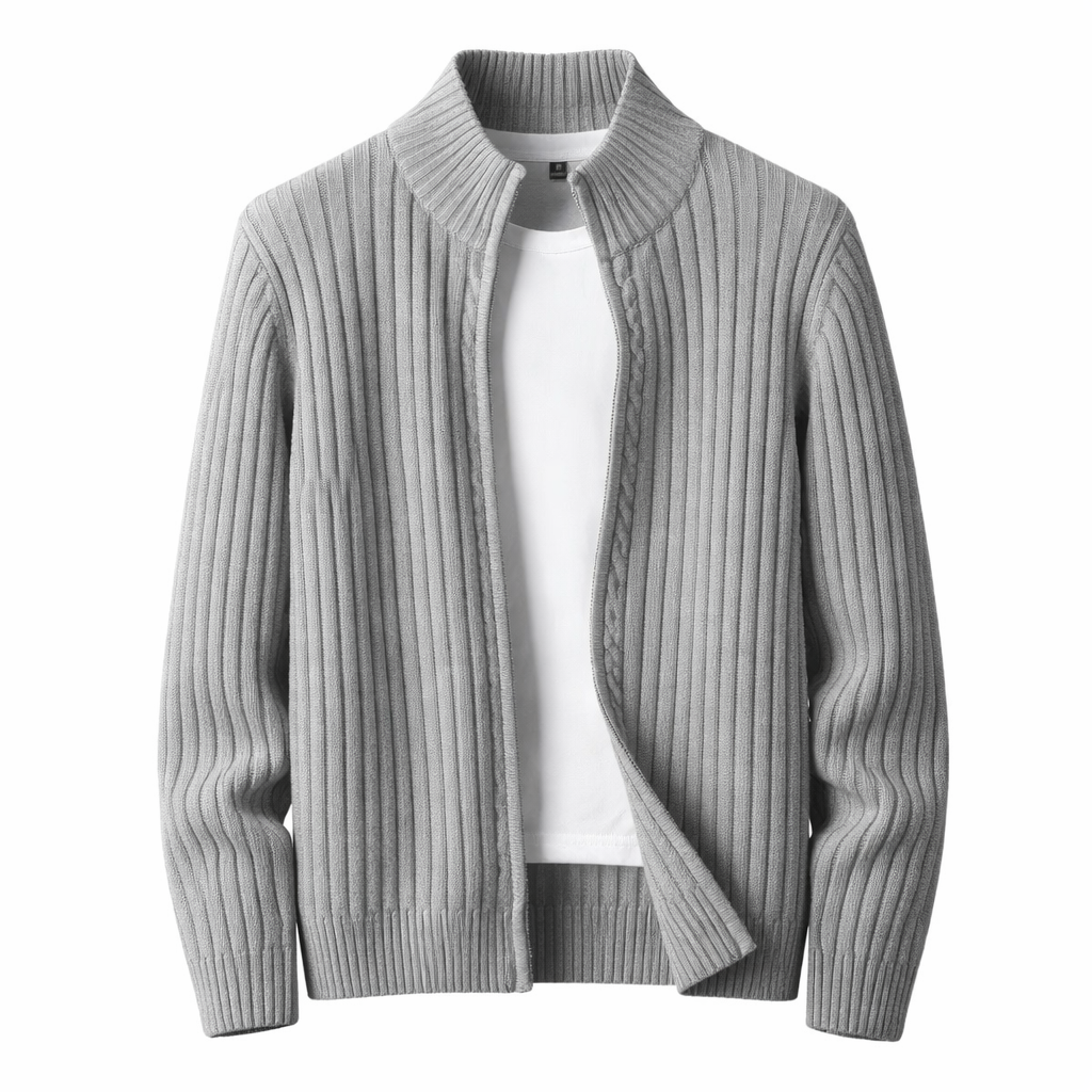 Cardigan tricot homem com fecho zip e gola alta corte regular
