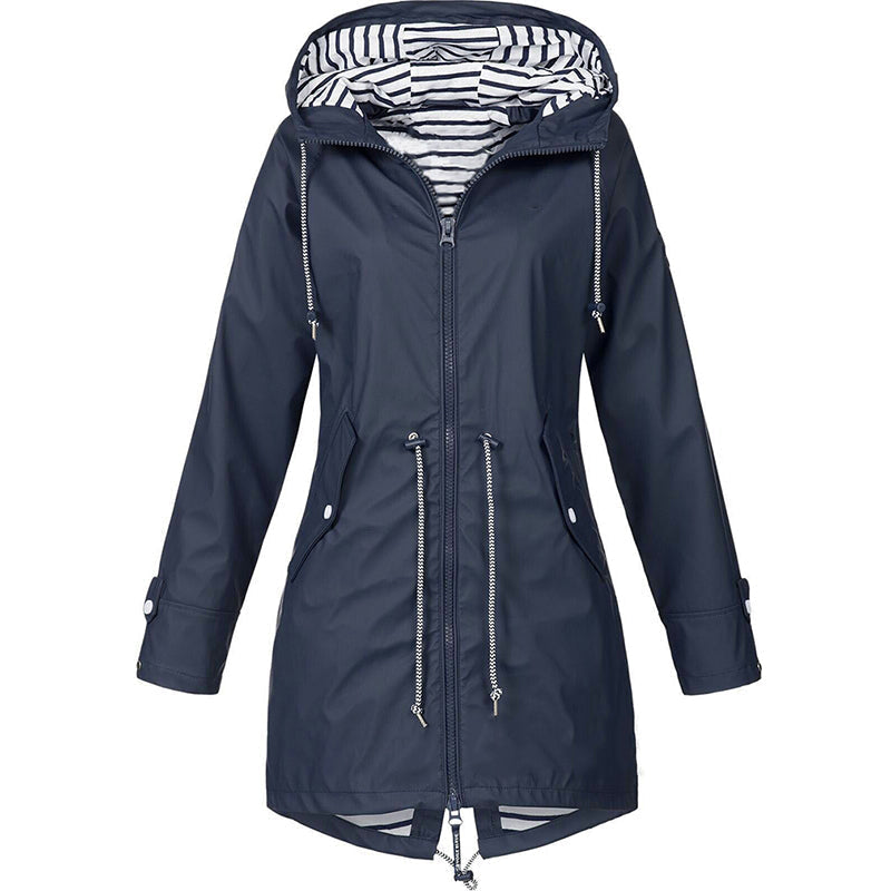 Impermeável feminino com capuz ajustável, leve e resistente ao vento e chuva