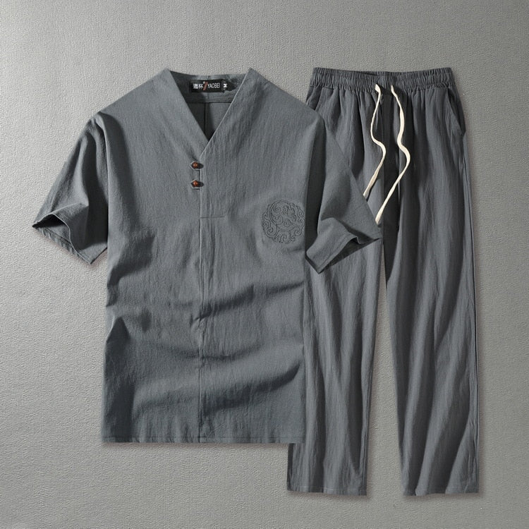 Conjunto masculino 2 peças linho gola V manga curta com calça reta
