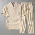 Conjunto masculino 2 peças linho gola V manga curta com calça reta