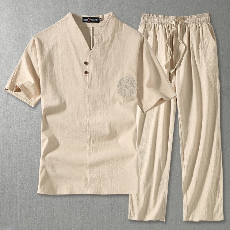 Conjunto masculino 2 peças linho gola V manga curta com calça reta