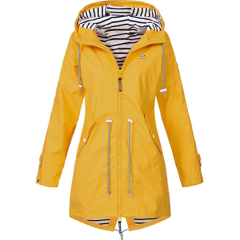 Impermeável feminino com capuz ajustável, leve e resistente ao vento e chuva