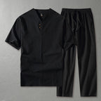 Conjunto masculino 2 peças linho gola V manga curta com calça reta