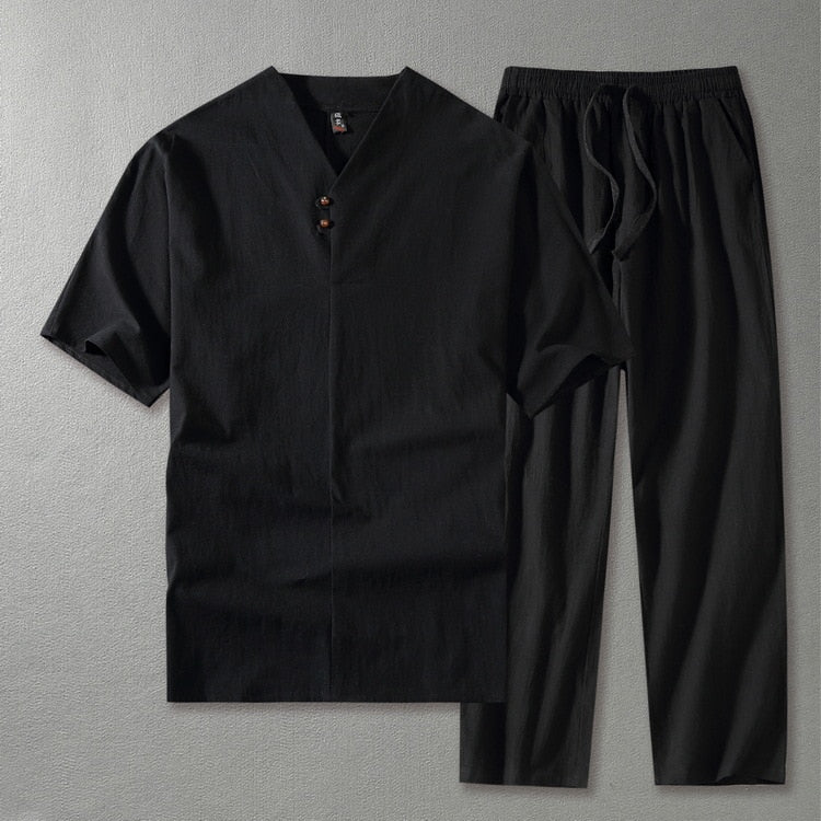 Conjunto masculino 2 peças linho gola V manga curta com calça reta