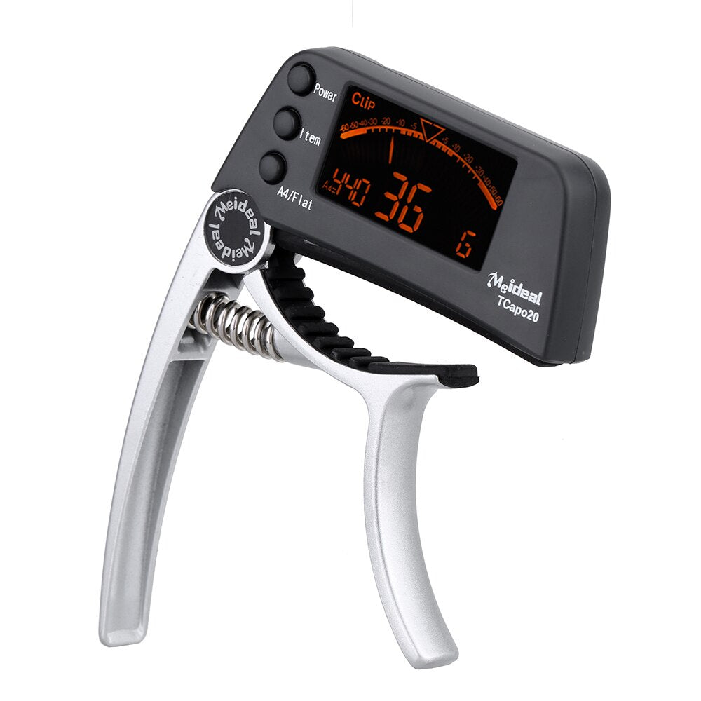 Capo de guitarra 2 em 1 com afinador digital clip-on, liga de alumínio