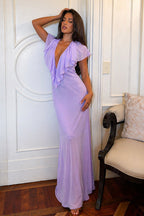Vestido longo feminino decote V com babado frontal cor violeta