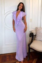 Vestido longo feminino decote V com babado frontal cor violeta
