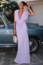 Vestido longo feminino decote V com babado frontal cor violeta