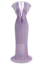 Vestido longo feminino decote V com babado frontal cor violeta