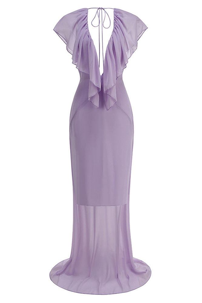 Vestido longo feminino decote V com babado frontal cor violeta