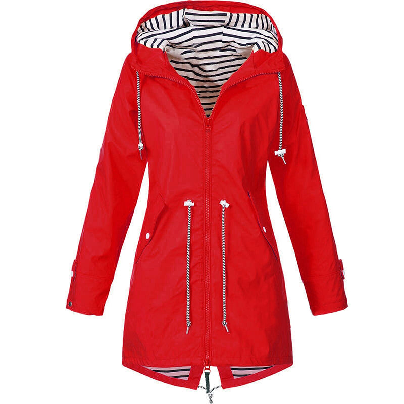 Impermeável feminino com capuz ajustável, leve e resistente ao vento e chuva