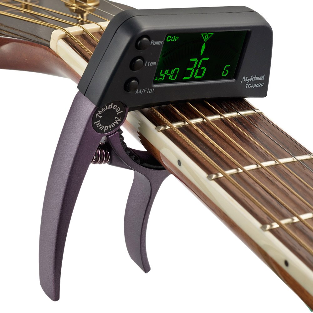 Capo de guitarra 2 em 1 com afinador digital clip-on, liga de alumínio