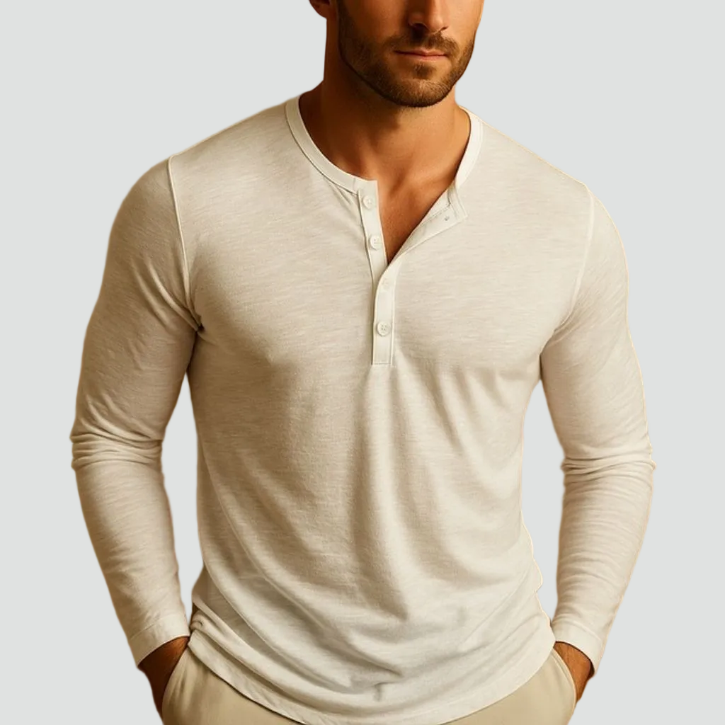 Camisa Henley masculina manga longa slim fit com decote em botões