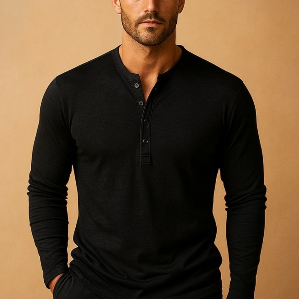 Camisa Henley masculina manga longa slim fit com decote em botões