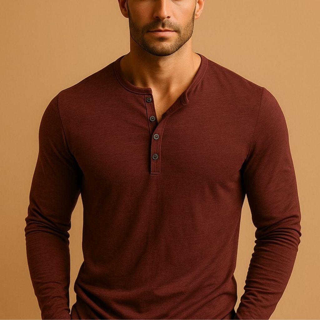 Camisa Henley masculina manga longa slim fit com decote em botões