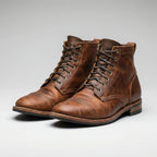 Botas cano curto masculinas marrons com cadarço bico arredondado e salto baixo empilhado