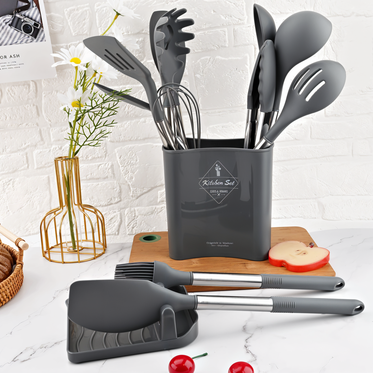 Conjunto de utensílios de cozinha em silicone 12 peças com cabo inox resistente ao calor