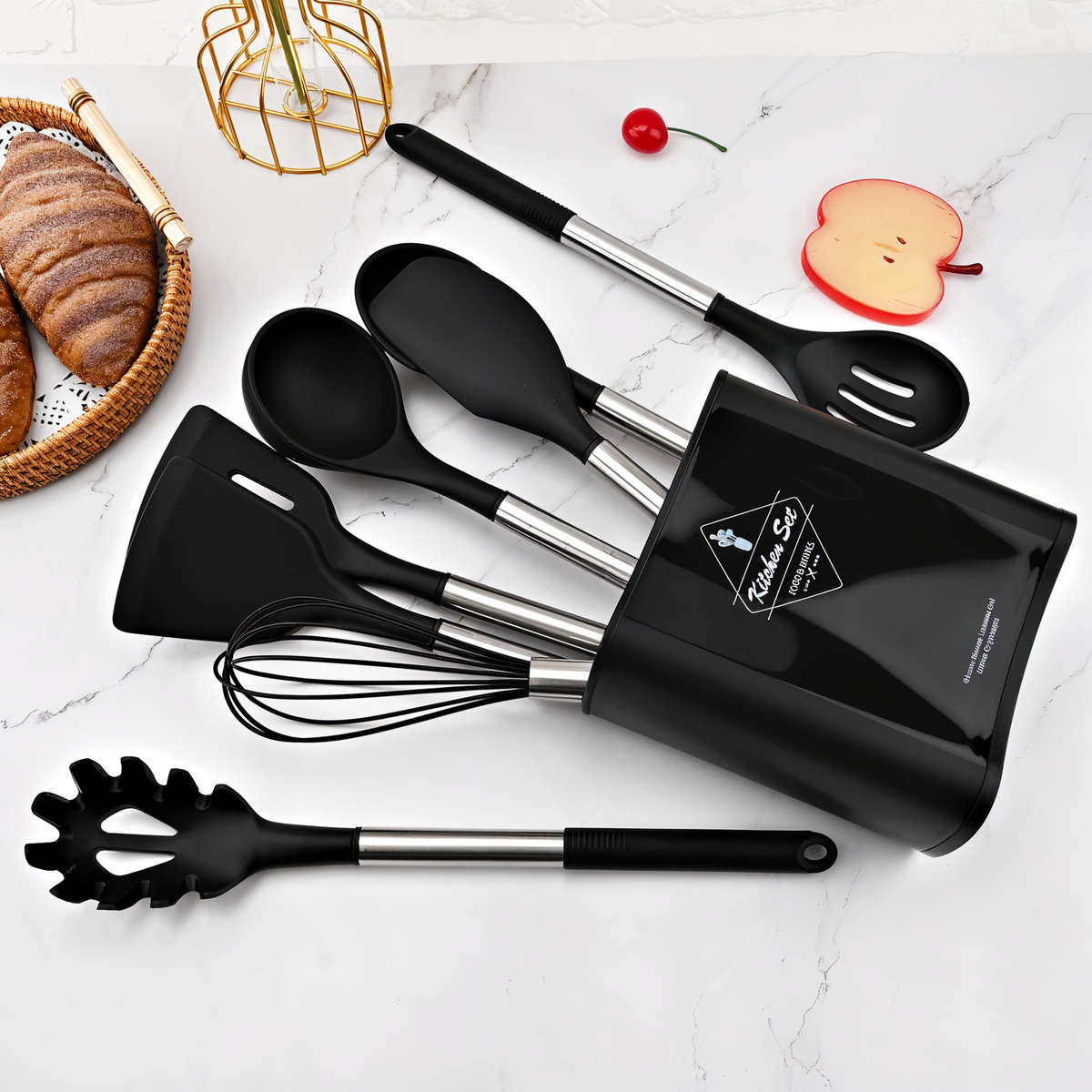 Conjunto de utensílios de cozinha em silicone 12 peças com cabo inox resistente ao calor