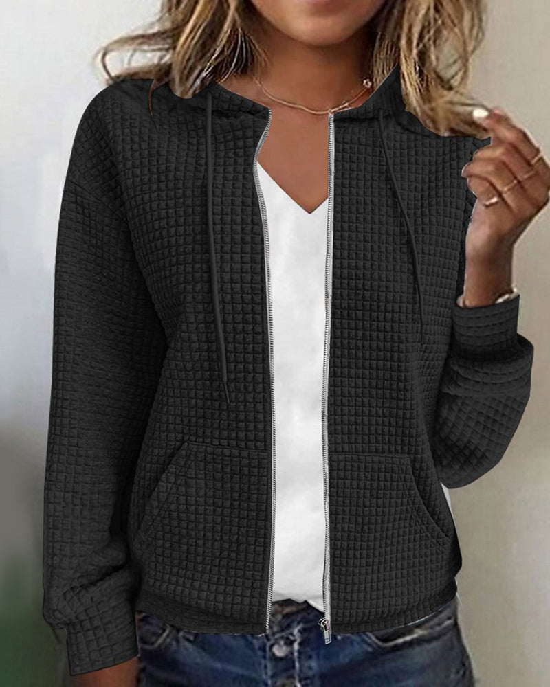 Hoodie feminino texturizado com fecho de correr e capuz corte relaxado