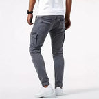 Calças jeans cargo slim fit masculinas com bolsos funcionais e costura reforçada