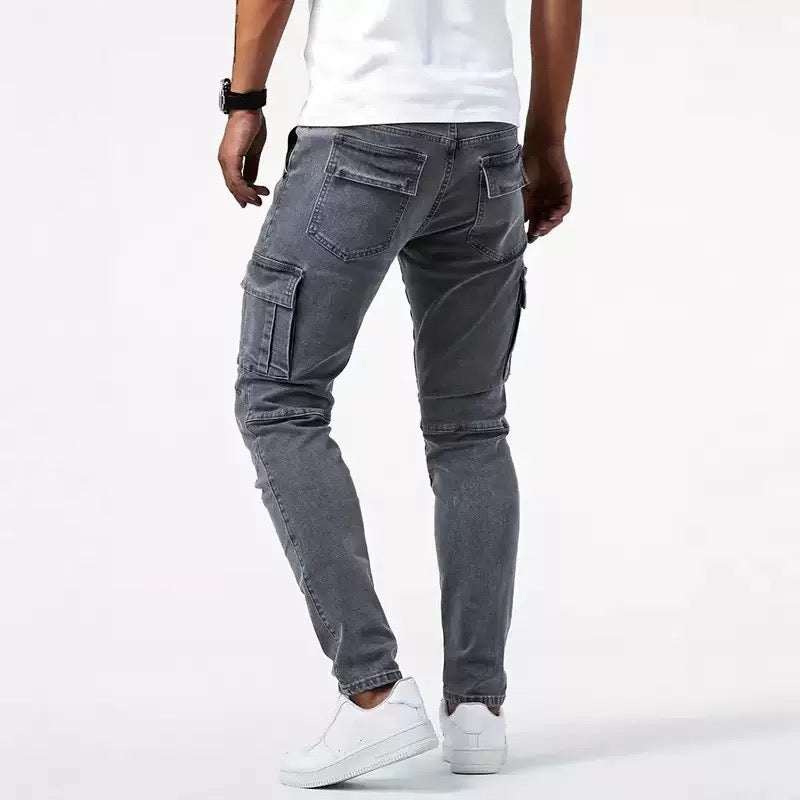 Calças jeans cargo slim fit masculinas com bolsos funcionais e costura reforçada