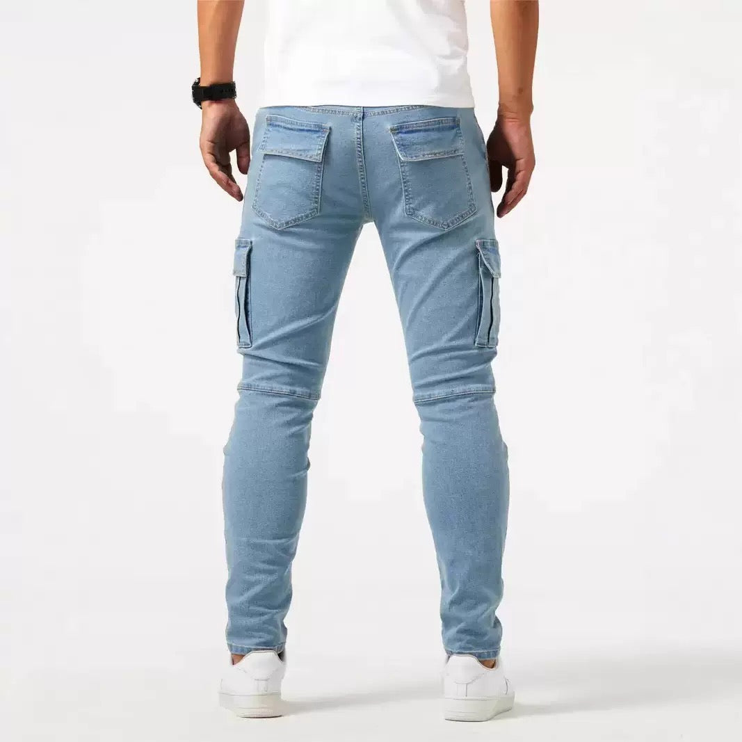 Calças jeans cargo slim fit masculinas com bolsos funcionais e costura reforçada