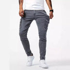 Calças jeans cargo slim fit masculinas com bolsos funcionais e costura reforçada