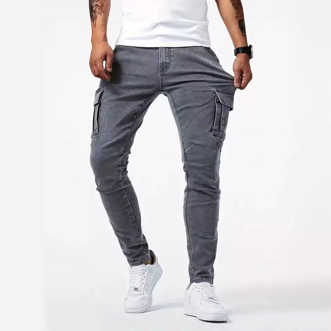 Calças jeans cargo slim fit masculinas com bolsos funcionais e costura reforçada