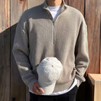 Camisola masculina de malha half-zip design clássico old money azul-marinho e cinzento