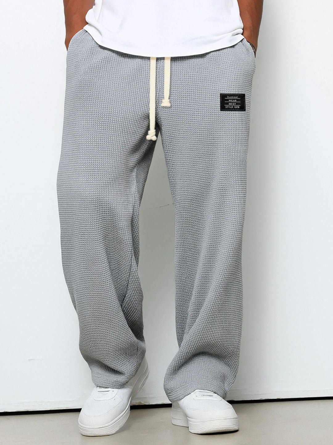 Calças de jogging masculinas waffle knit corte relaxado com cordão