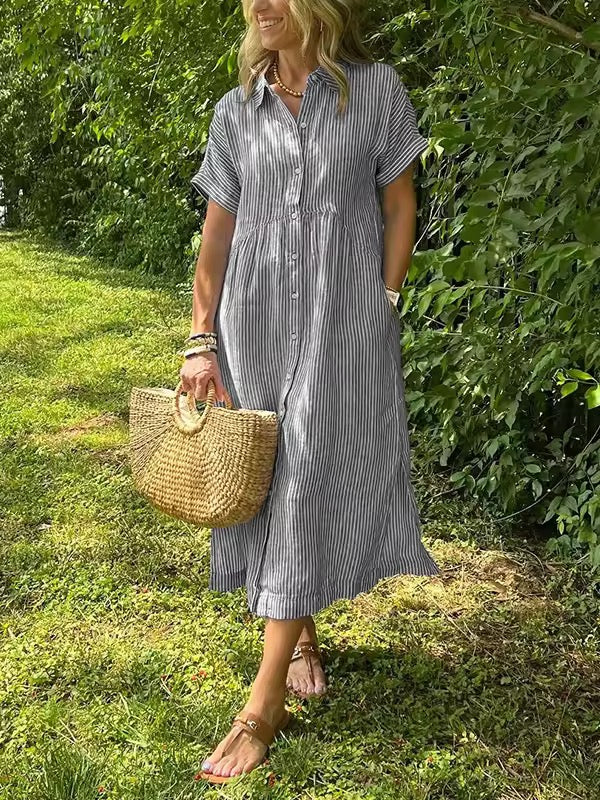 Vestido longo feminino maxi com botões frontais e mangas curtas