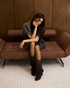 Botas cano alto femininas slouchy com salto oculto e bico redondo