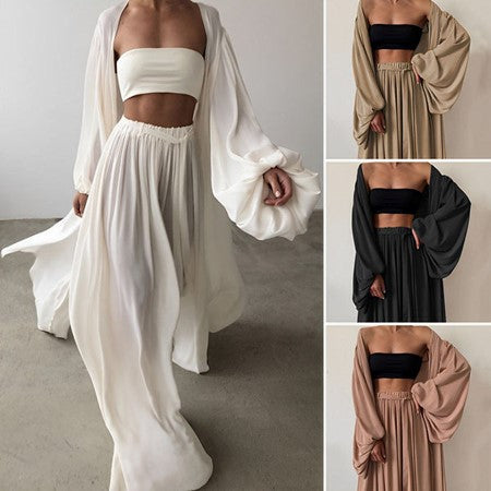Conjunto feminino 3 peças blazer calça e top estilo versátil