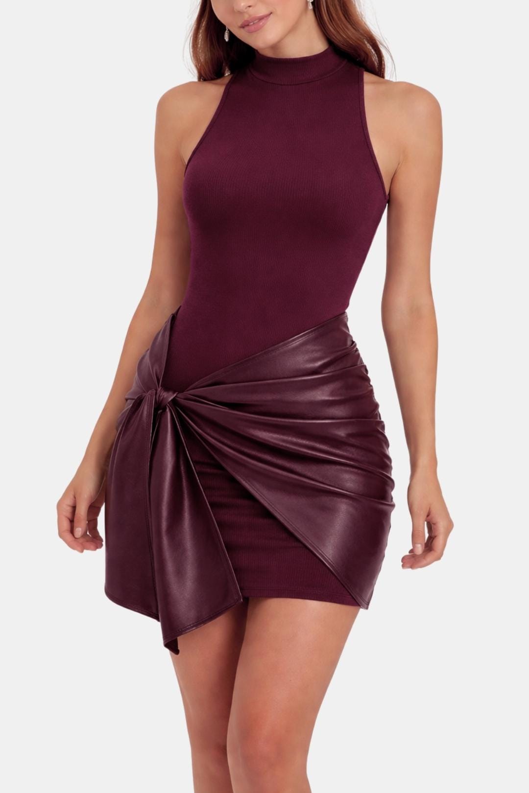 Vestido feminino mini halter para festa em preto bordeaux e castanho