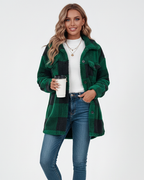 Veste de peluche xadrez feminina quente casual para inverno