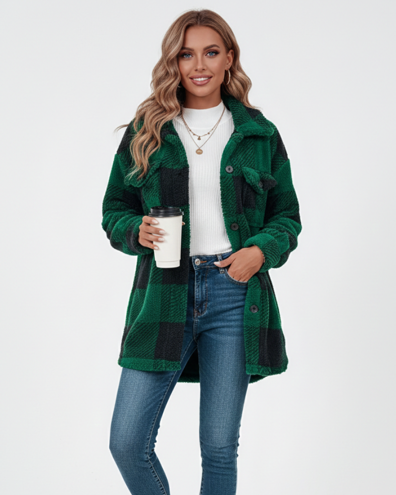 Veste de peluche xadrez feminina quente casual para inverno