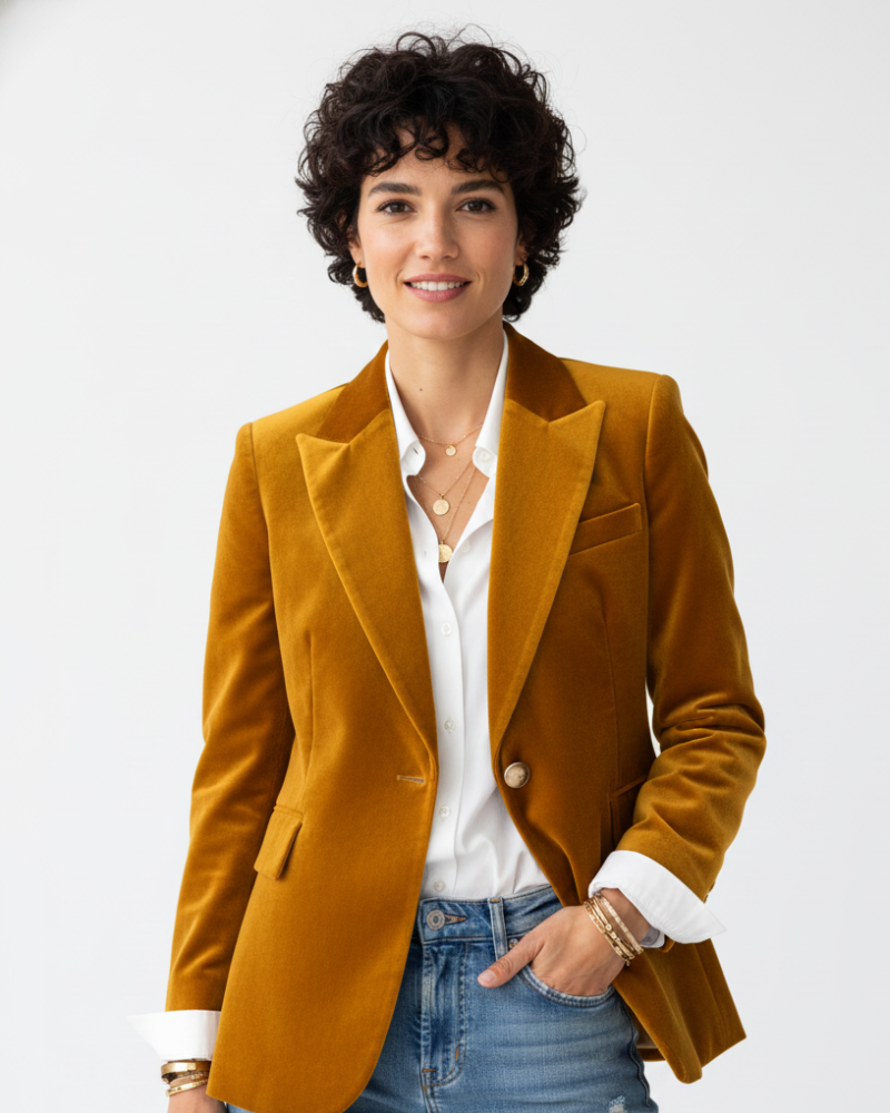 Blazer feminino de veludo estruturado com fecho de botões