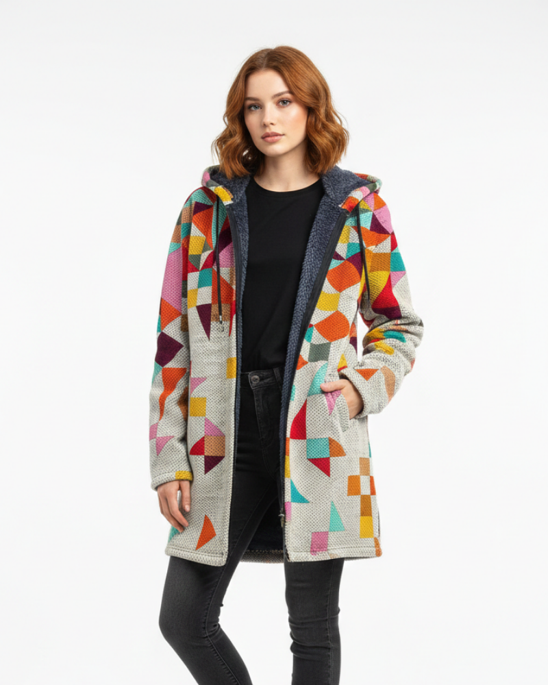 Cardigan feminino tricotado estampado aberto, corte fluido artístico